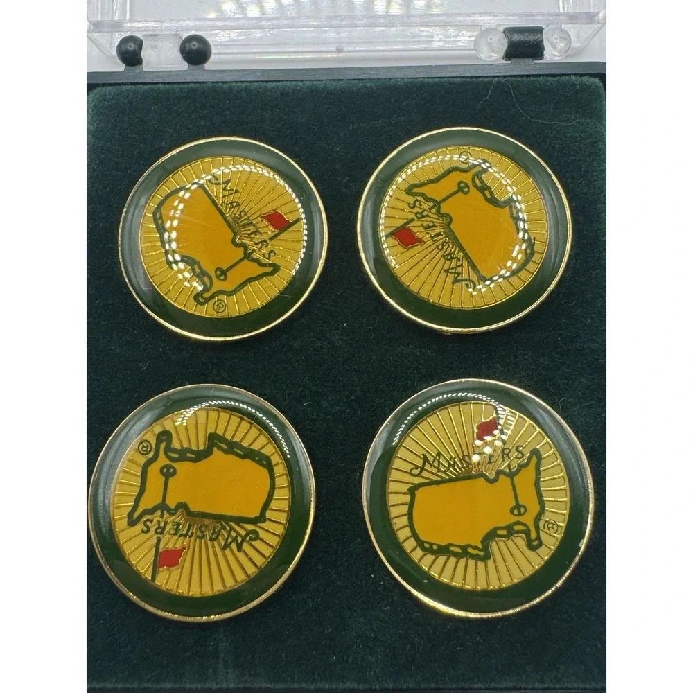 Masters Golf Tournament Shirt Stud Set Enamel Logo Gold Tone Button Studs Case